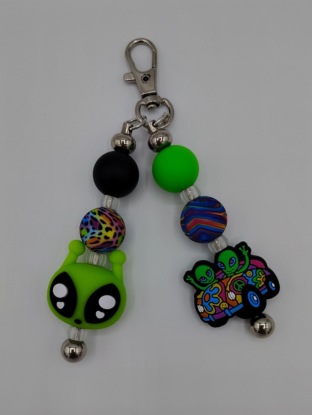 Handcrafted Neon Green Alien Charm Keychain/Bag Charm w/ Colorful Beads